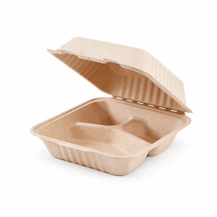 Bagasse Clamshell Take-out Container 8" x 8" x 3"